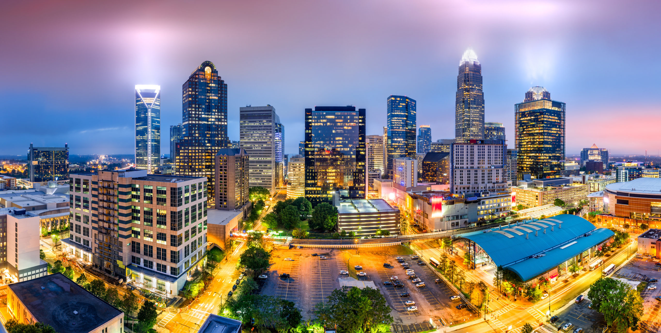 Aerial view of Charlotte, NC skyline on a foggy evening. Charlotte is