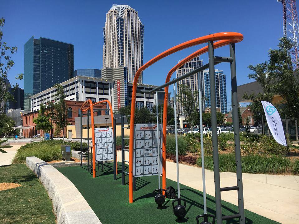 Outdoor fitness zone at First Ward Park.