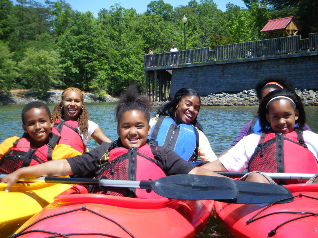 Urban Outdoor Connection program participants kayaking on Lake Wylie in Mecklenburg County.