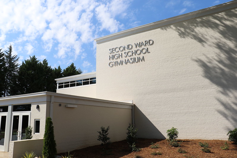 Outside of the Second Ward High School Gymnasium on a bright, sunny day. Perfect place for staying fit.