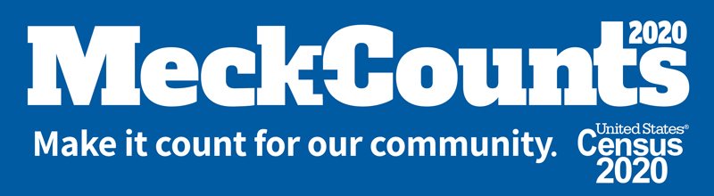 Logo with Text: Meck Counts 2020. Make it count for our community. United States Census 2020.