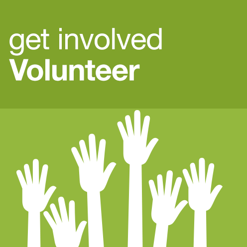 Text: Get involved. Volunteer
Image: graphic of hands raised