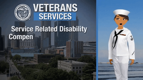 Person in the Navy saying "Veterans Services: Service Related Disability, compensation and pension, health care, education and training, home loan assistance and more!"