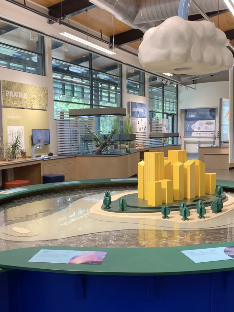 A photo of the inside of Quest at Latta Nature Preserve displaying the Prairie and water exhibit.