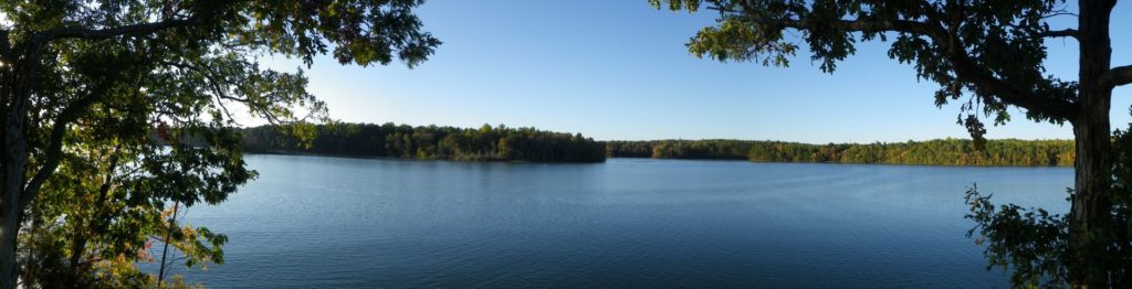 A view of the lake at Latta with green trees in the distance, trees framing the foreground on either side. 