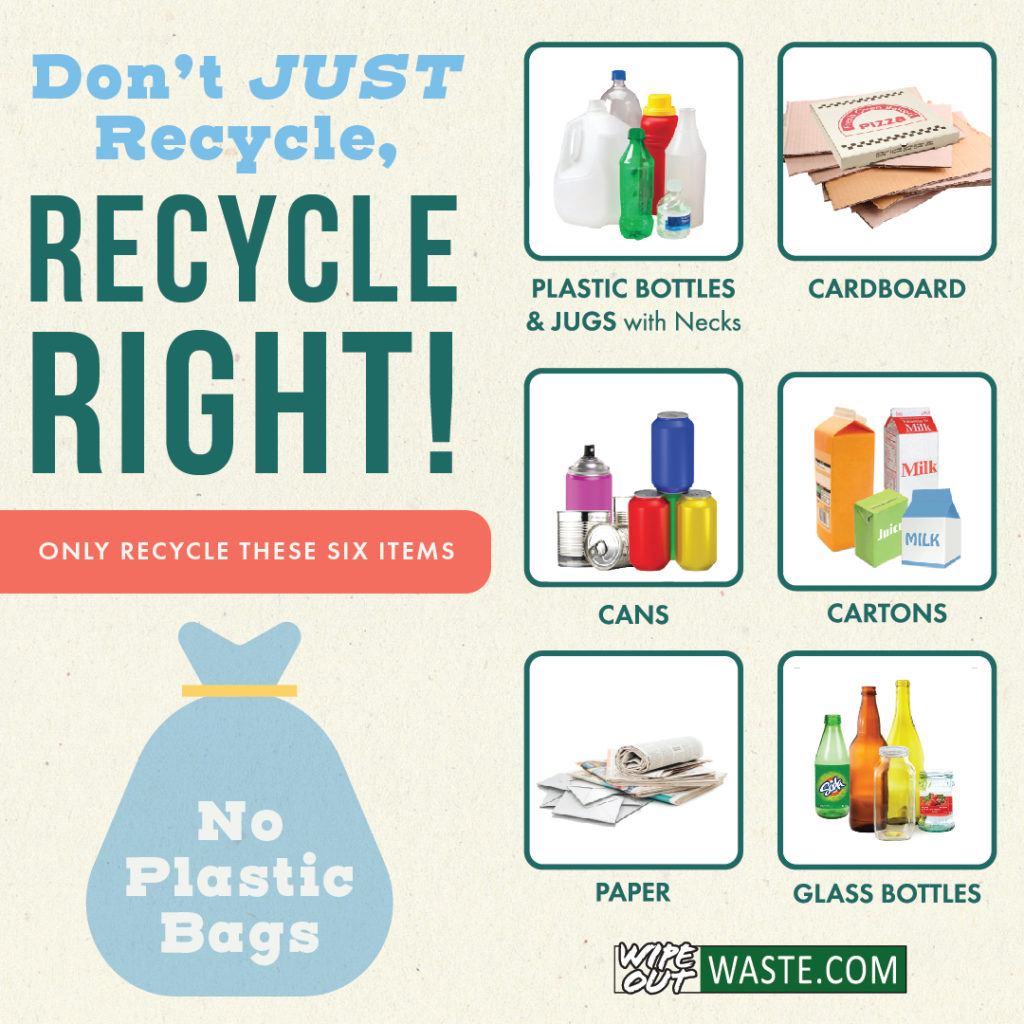 Don't just recycle, recycle right! Only recycle these 6 items: Plastic bottles and jugs with necks, cardboard, cans, cartons, paper, glass bottles. No plastic Bags. 