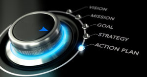 Dial with options: vision, mission, goal, strategy, action plan. The light next to action plan is lit blue.