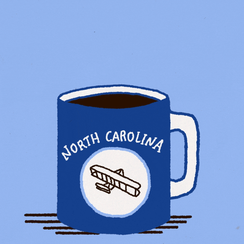 mug with the text North Carolina and an airplane under it. smoke coming out of mug that says vote early.