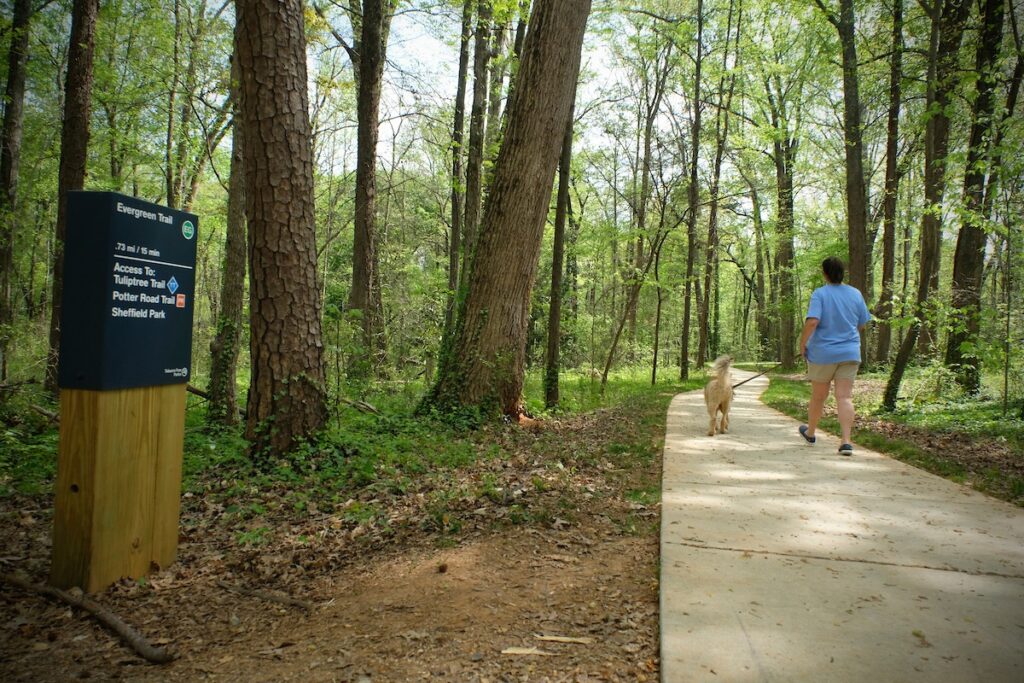 Back of person walking dog on a trail.