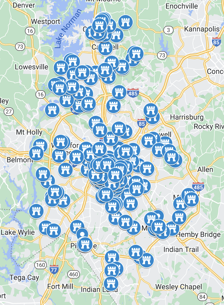 Map of historic landmarks in Mecklenburg County, each marked with a blue circle with a white castle on it